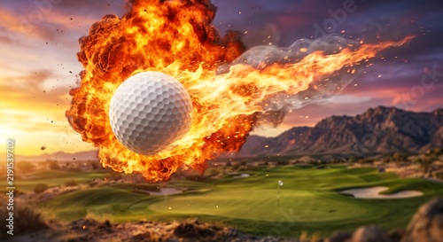 A single golf ball surrounded by intense fire and smoke flies through the air above a green golf course landscape during a vibrant sunset.