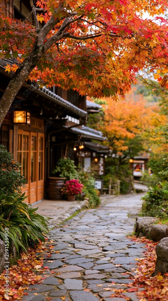 Fototapeta premium a traditional Japanese village during autumn. The main subject is a cobblestone pathway lined with a tree displaying vibrant red, orange, and yellow leaves. The pathway is bordered by lush greenery.