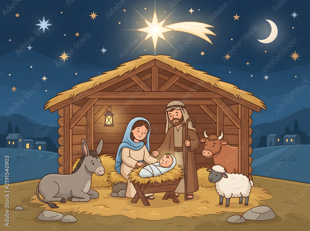 Fototapeta premium Christmas Nativity Scene with Little Boy and Mother, Winter Holiday Religious Illustration 
