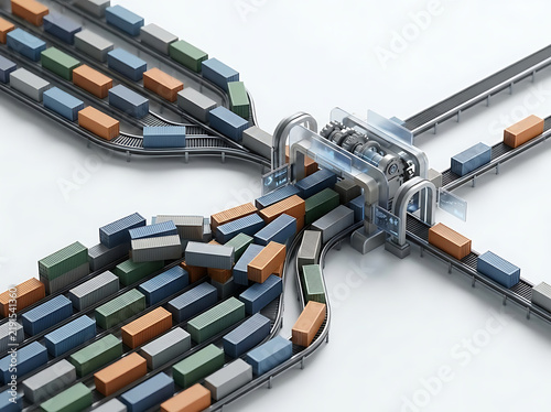 Customs clearance bottleneck showing shipment delays, regulatory inspection queues, international logistics congestion and supply chain inefficiency