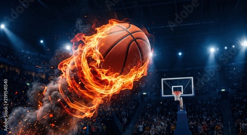 A basketball engulfed in bright orange flames and smoke flies through the air towards a hoop in a dark, crowded professional sports arena illuminated by stadium lights.