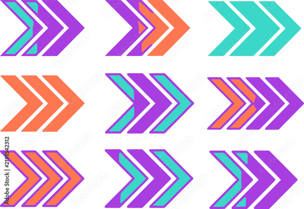 Fototapeta premium Neon arrow set and geometric direction pointers. Colorful chevron symbols pointing right for navigation. Modern UI graphic elements for web design, interface, and infographics vector.