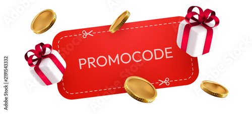 Promocode label with gifts and gold coins.
