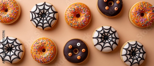 Top-down view of nine colorful Halloween donuts featuring orange sprinkles, white spiderweb icing and chocolate with candy eyes on a peach background.