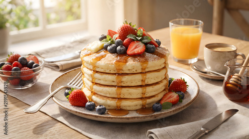 Fotografía Fluffy buttermilk pancakes with maple syrup and fresh berries, delicious breakfa