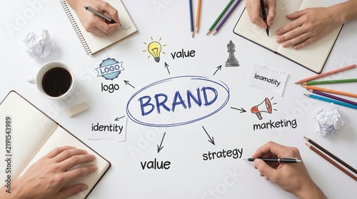 Creative team brainstorming brand identity development and marketing strategy on white table with sketches and coffee