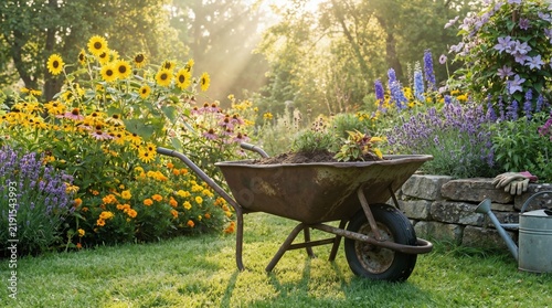 Garden landscaping with wheelbarrow soil and young plants in a sunny backyard with stone wall border