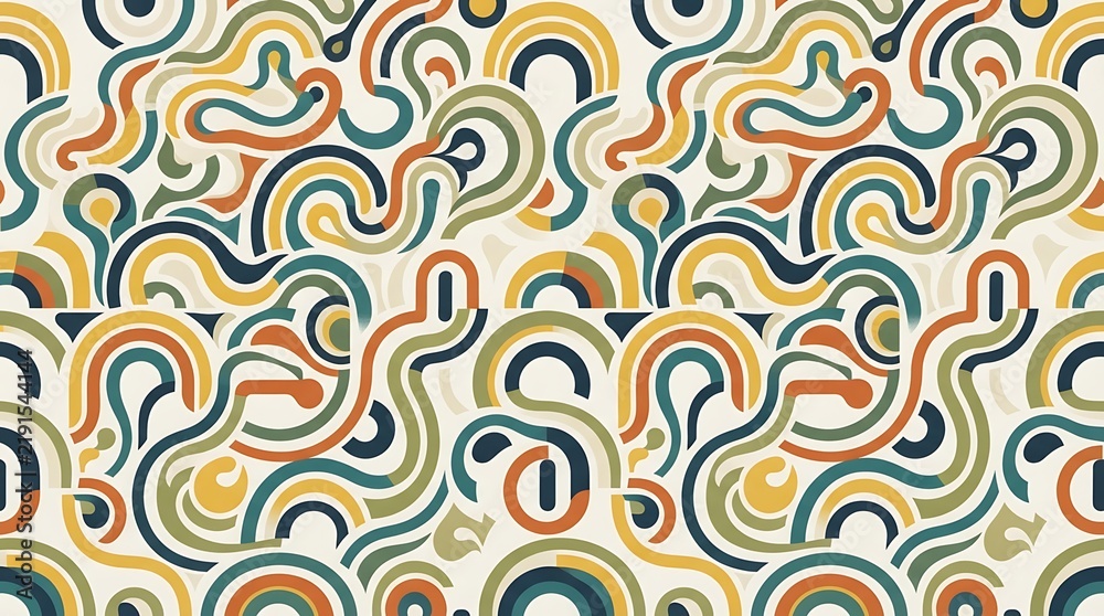 Seamless vector pattern with abstract retro curves and geometric shapes in muted tones.