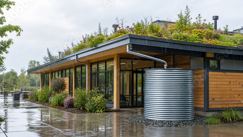 Modern community building with a green roof and metal rainwater harvesting tank in a garden setting