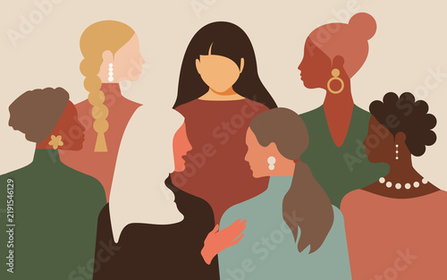 International Women's Day greeting card template. Crowd of diverse girls of different nationalities and ages
