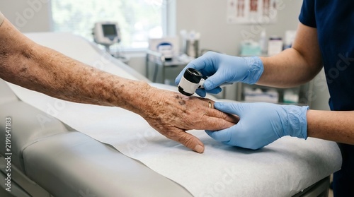 Dermatologist examines a senior patient skin lesion using a specialized handheld dermatoscope lens.