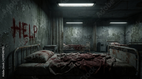 Hospital horror room with bloodstained bed and distressed walls. Abandoned building interior empty. creepy scarey fear halloween, old grunge dirty vintage background