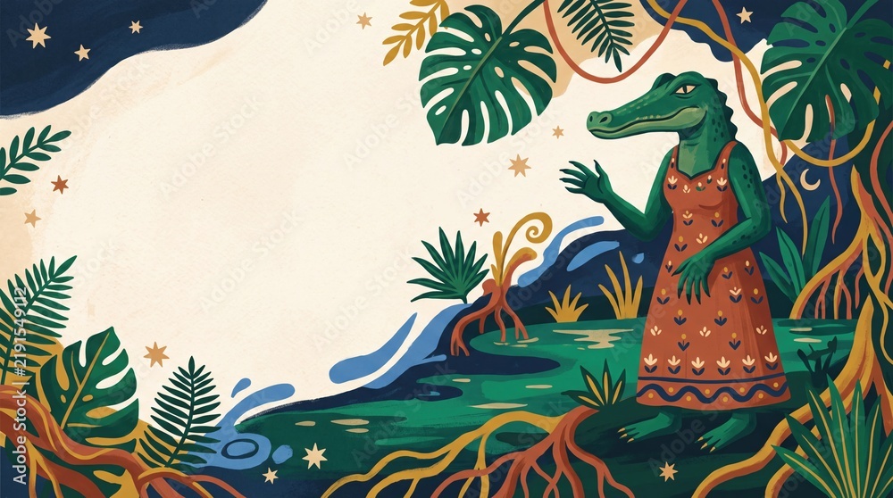 Obraz premium Anthropomorphic Crocodile in Tropical Setting