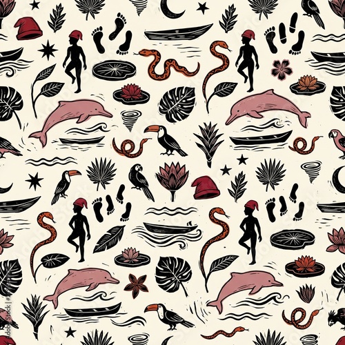 Seamless Pattern with Indigenous Figures, Dolphins, and Tropical Elements