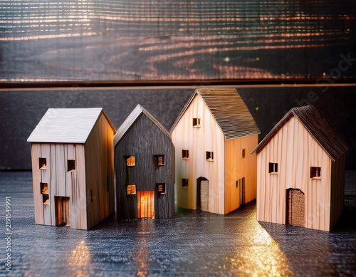 Miniature model Houses Standing Together With Warm Light Accent