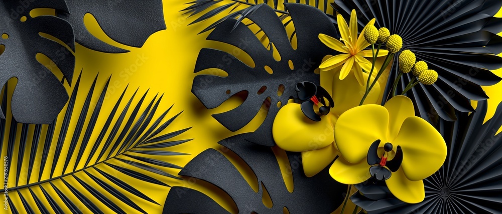 Obraz premium A vibrant 3D composition of black tropical leaves and yellow orchids against a yellow background.