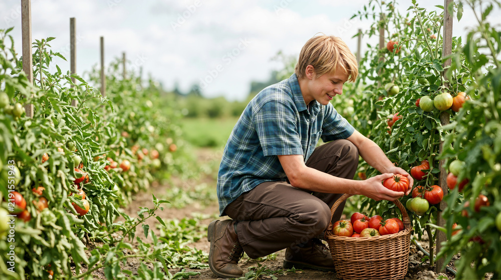 Fototapeta premium Teenage boy harvesting fresh red tomatoes in a wicker basket outdoors. Young gardener picking ripe organic vegetables on a farm