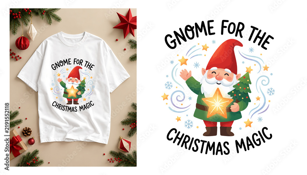 Fototapeta premium Festive gnome illustration holds a golden star surrounded by holiday decorations christmas vector graphic design star