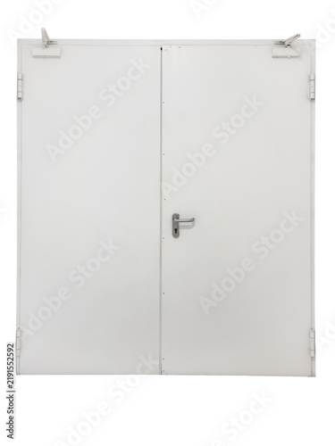 Front view of a closed double leaf white steel fire door or utility door, equipped with door handles and overhead automatic hydraulic closers, isolated on a solid white background.