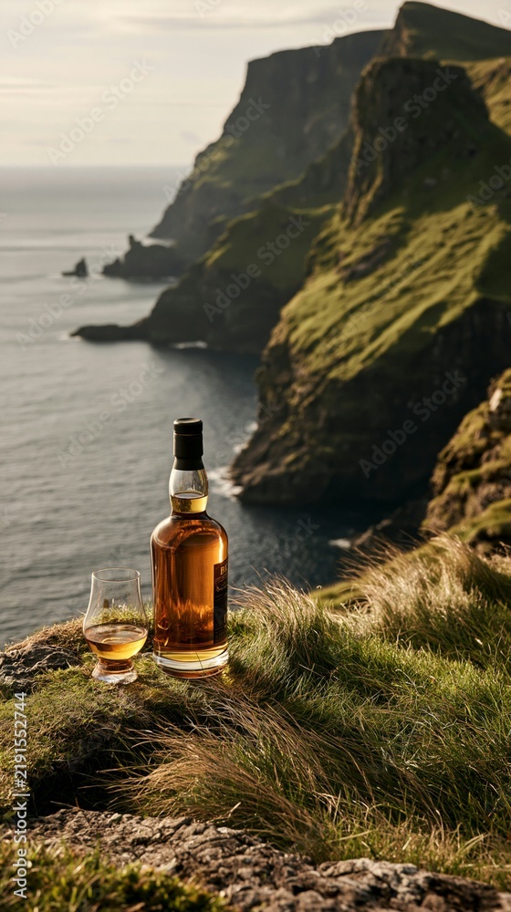 Obraz premium a serene coastal scene. A bottle of ambercolored whisky and a glass of the same whisky are placed on a rugged, grassy cliff overlooking the ocean. The cliff is covered in lush green vegetation.
