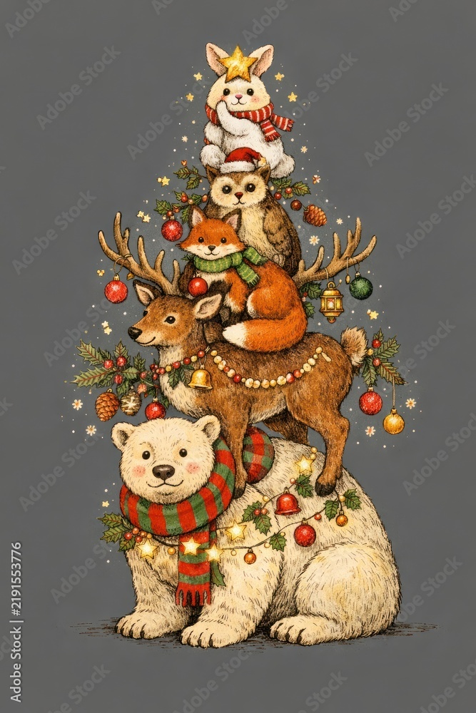 Obraz premium Festive Christmas animal stack illustration with holiday decor