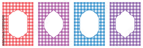 Retro gingham decorative frame collection. Classic picnic tablecloth plaid pattern with blank ornamental label border, colorful set for background design.