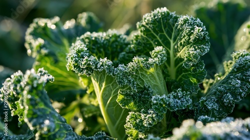 a vibrant green leafy plant, likely kale or cabbage, covered in a layer of frost. The frost is glistening on the leaves, reflecting the sunlight and creating a sparkling effect.