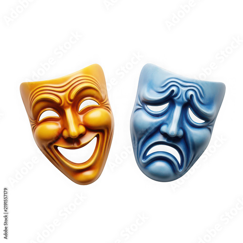 Comedy and tragedy masks side by side on neutral background