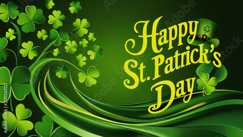 Happy St Patricks Day Green Background Banner with Clover Leaves, Leprechaun Hat and Wave Swirls for Irish Holiday