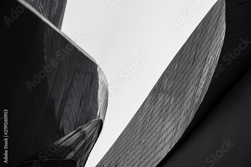 Abstract modern architectural composition with some contrasting curved forms facades. Black and white horisotal photo