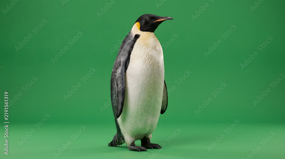 Obraz premium Majestic emperor penguin standing profile view on green screen chroma key.