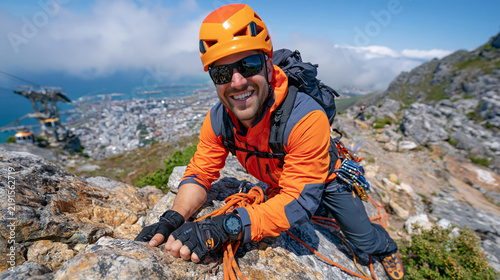 A mountain guide improvising rope anchors on a rocky alpine ledge while a barometric altimeter reads storm pressure nearby, urban cable car infrastructure visible below through clearing fog as resou