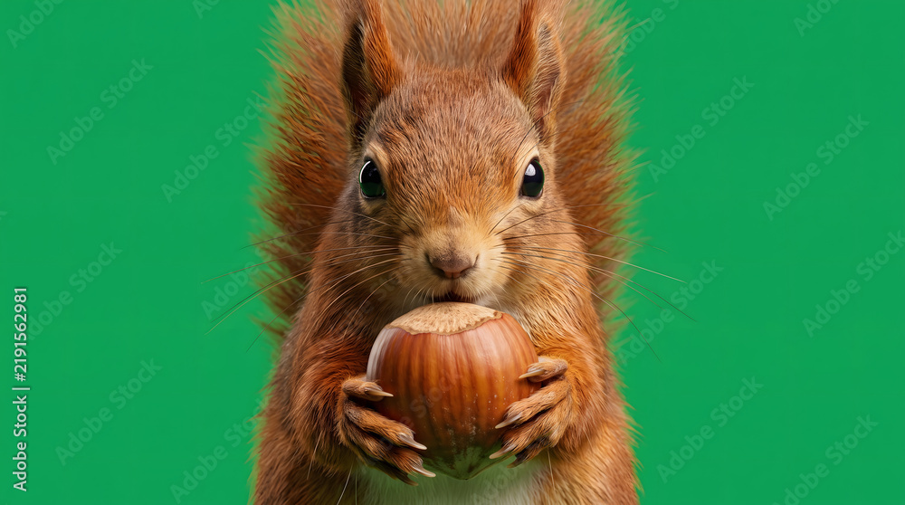 Fototapeta premium Adorable red squirrel holding a whole hazelnut while looking directly at the camera