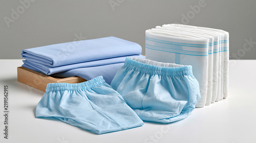 Disposable protective briefs for elderly patients arranged neatly with folded hospital supplies, senior care, incontinence care, healthcare products, nursing home essentials,