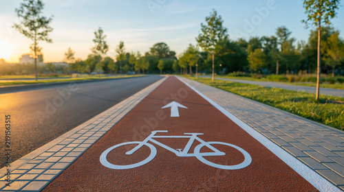 Red Asphalt Bicycle Lane With White Bike Symbol And Arrow Through Green Park