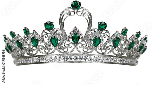 Obraz na płótnie Ornate silver tiara with pear shaped emerald green gemstones and clear crystals