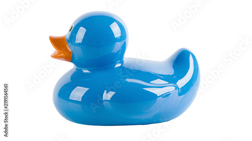 Konstfotografi Glossy blue rubber duck toy with an orange beak