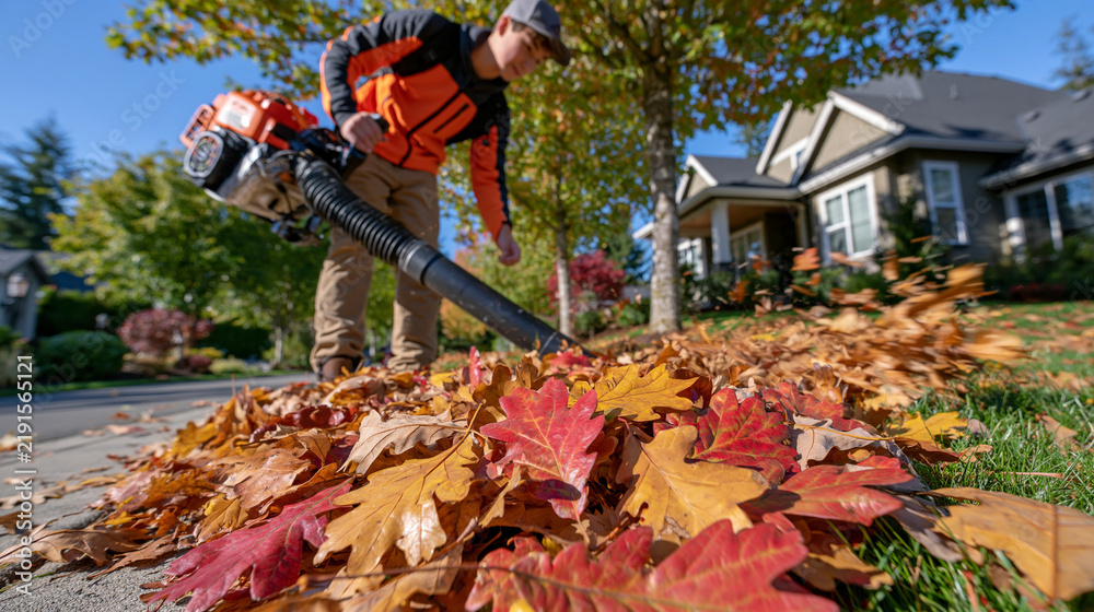 Obraz premium Teenage boy using a leaf blower along a curved driveway lined with mature oak trees, leaves swirling in motion blur, detached suburban home visible behind him, weekend chore, residential outdoor wor