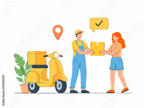 Delivery Person Handing Package to Customer: A cheerful delivery person on a scooter hands a package to a happy customer, symbolizing efficient service and satisfaction.
