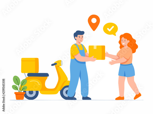 Delivery Service: A delivery person hands a package to a happy customer, with a scooter parked nearby and location pins indicating the service area. Represents logistics and e-commerce.
