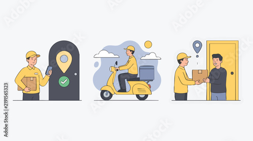 Seamless Delivery Service: A series of illustrations depict a friendly courier on a scooter, picking up and delivering packages with efficiency.