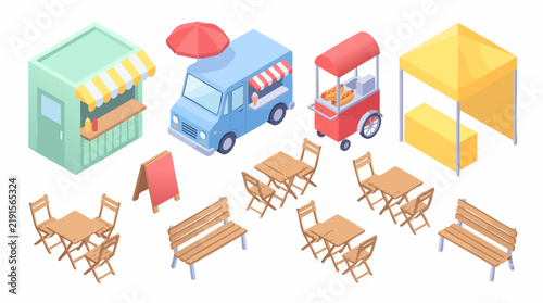 Street Food Market Scene: An isometric collection of elements representing a vibrant street food market, including a kiosk, food truck, food cart, tables, chairs, benches, and umbrellas.