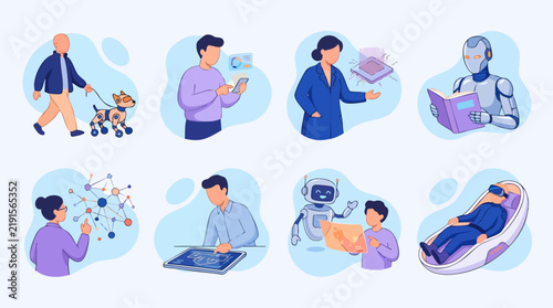Future of Technology and Life: A collage of illustrations depicting modern technological advancements integrated into daily life, including AI, VR, and connectivity.