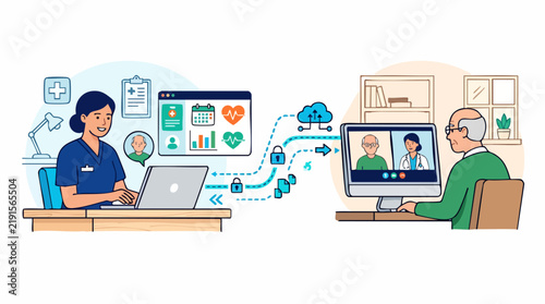 Virtual Healthcare Consultation: A nurse and an elderly patient engage in a telehealth appointment, with data securely transmitted via cloud technology, representing modern remote medical care.