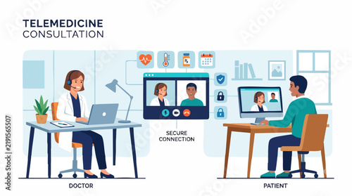 Telemedicine Consultation: A doctor and patient connect via video call for a secure telemedicine consultation, showcasing the convenience and accessibility of remote healthcare.