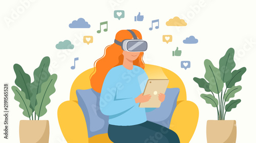 Immersive Experience: A woman wearing a virtual reality headset is engrossed in a digital world, holding a tablet as icons of social media, music, and thought bubbles float around her.