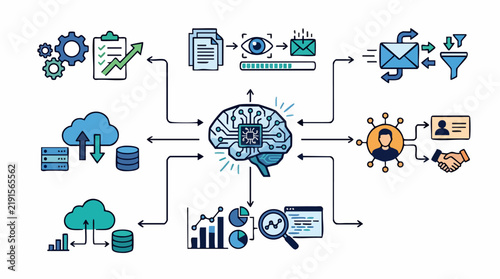 AI and Data Flow Diagram: A comprehensive illustration depicting the intricate workings of Artificial Intelligence, showcasing data input, processing, and output through various cloud, database.