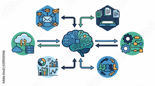 Artificial Intelligence Network Diagram: An intricate diagram illustrating the interconnectedness of artificial intelligence with various technological and business functions.