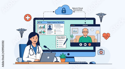 Telemedicine Consultation: A doctor conducts a virtual medical consultation with a patient via a digital platform, showcasing remote healthcare and technological advancements in medicine.