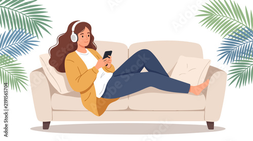 Relaxed Woman Listening to Music on Couch